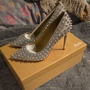 Studded Silver Pointed Toe Stiletto Heels